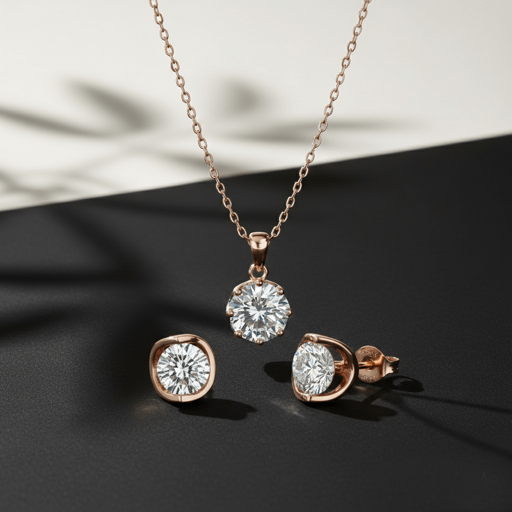 Parure solitaire plaqué or rose